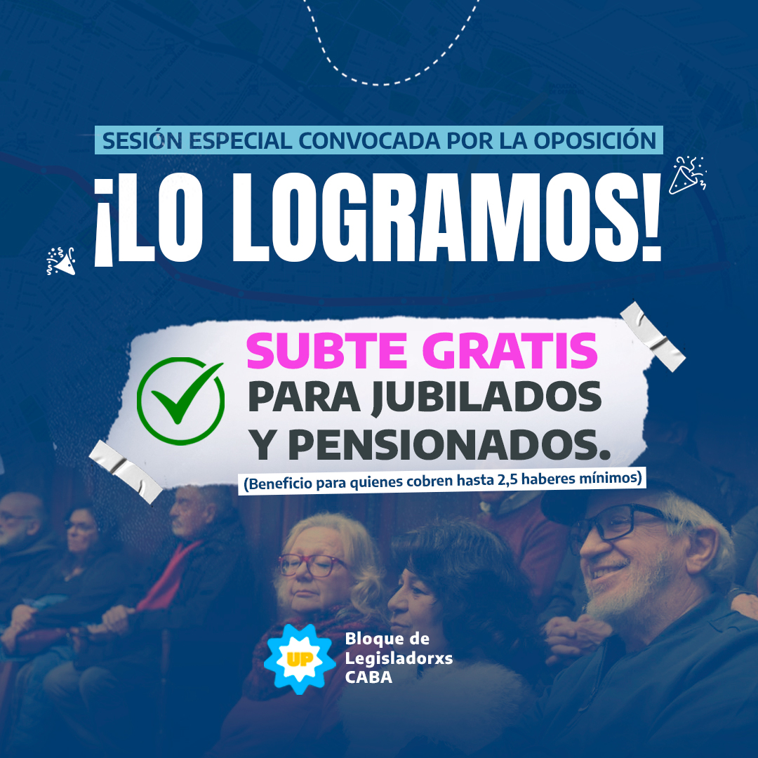 SUBTE GRATIS PARA JUBILADOS Y PENSIONADOS

Acabamos de conseguir en la Legislatura la aprobación de la gratuidad del boleto de subte para jubilados y pensionados que cobren hasta 2,5 haberes mínimos.