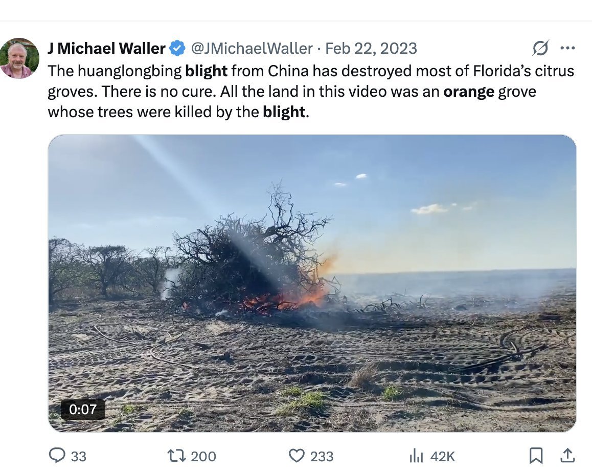 An orange blight that suspiciously arrived in America after formerly only existing in China, called "citrus greening," or HLB, has decimated the citrus industry, particularly oranges

Florida orange production, for example, has fallen 95% since the Asian Psyllid-carried blight