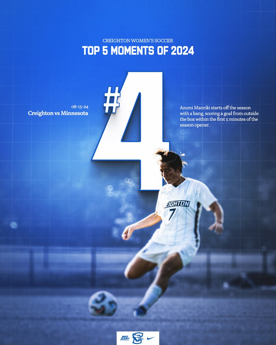 CreightonWSoc's tweet image. 4 weeks until our season opener!
Coming in at #4️⃣ in our Top Moments of 2024: Azumi Manriki scores a goal from outside the box to start the season off with a bang.
#GoJays