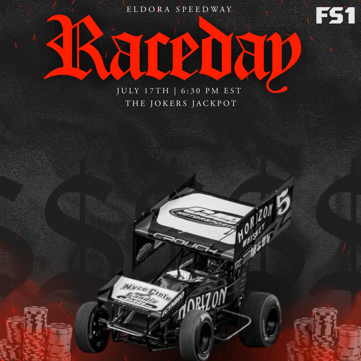 RACE DAY❗️ We are right back for night number 2 at <a href="/EldoraSpeedway/">ELDORA SPEEDWAY</a> for The Jokers Jackpot🃏🎰 for 100K to win live on <a href="/FS1/">FS1</a> with the <a href="/HighLimitRacing/">High Limit Racing</a> series! 🏁
🏎️ : <a href="/BrenhamCrouch/">Brenham Crouch</a> 
📍 : <a href="/EldoraSpeedway/">ELDORA SPEEDWAY</a> 
📺 : <a href="/FloRacing/">FloRacing</a> &amp; <a href="/FS1/">FS1</a> 
📱 : <a href="/MyRacePass/">MyRacePass</a> 
📸 : <a href="/TylerReigel/">Tyler Reigel</a> 
🧍🏽 : Trackside