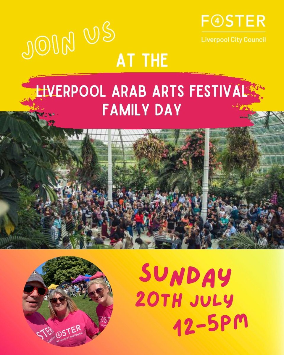 Liverpool City Council Fostering Service (@lpoolfostering) on Twitter photo 🎉 Join us at Arab Arts Festival Family Day!
📅 Sun 20 July | 12–5pm
📍 Sefton Park Palm House
🎟 FREE Entry
Meet the Liverpool Fostering Team 💙
Discover how you can change a child’s life.
🎶 Music | 🎨 Workshops | 🍽 Food | 🧒 Kids’ fun | 🛍 Crafts 🎉 Join us at Arab Arts Festival Family Day!
📅 Sun 20 July | 12–5pm
📍 Sefton Park Palm House
🎟 FREE Entry
Meet the Liverpool Fostering Team 💙
Discover how you can change a child’s life.
🎶 Music | 🎨 Workshops | 🍽 Food | 🧒 Kids’ fun | 🛍 Crafts