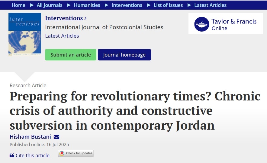 Hisham Bustani هشام البستاني (@h_bustani) on Twitter photo My latest research paper on a topic that is urgent & necessary.
Academics with access to journals: doi.org/10.1080/136980…
Non-academics or people with no access to journals (limit - 50 free downloads): tandfonline.com/eprint/NC3GWBY…
#Jordan #Gramsci #authority #decolonial #postcolonial My latest research paper on a topic that is urgent & necessary.
Academics with access to journals: doi.org/10.1080/136980…
Non-academics or people with no access to journals (limit - 50 free downloads): tandfonline.com/eprint/NC3GWBY…
#Jordan #Gramsci #authority #decolonial #postcolonial