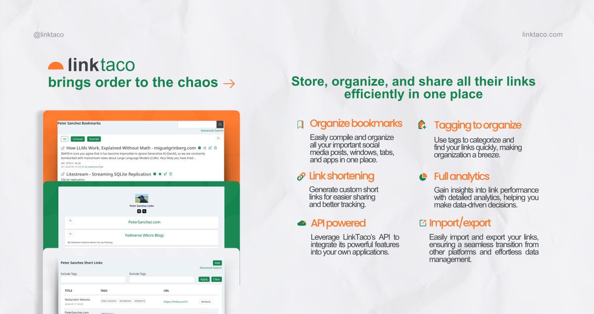 If your digital life is spread across bookmarks, spreadsheets, notes apps, and a dozen browser tabs... we see you 👀
LinkTaco brings order to the chaos.
 → Organize links by tags
 → Save public/private resources
 → And more

Discover our features: linkta.co/lt-features