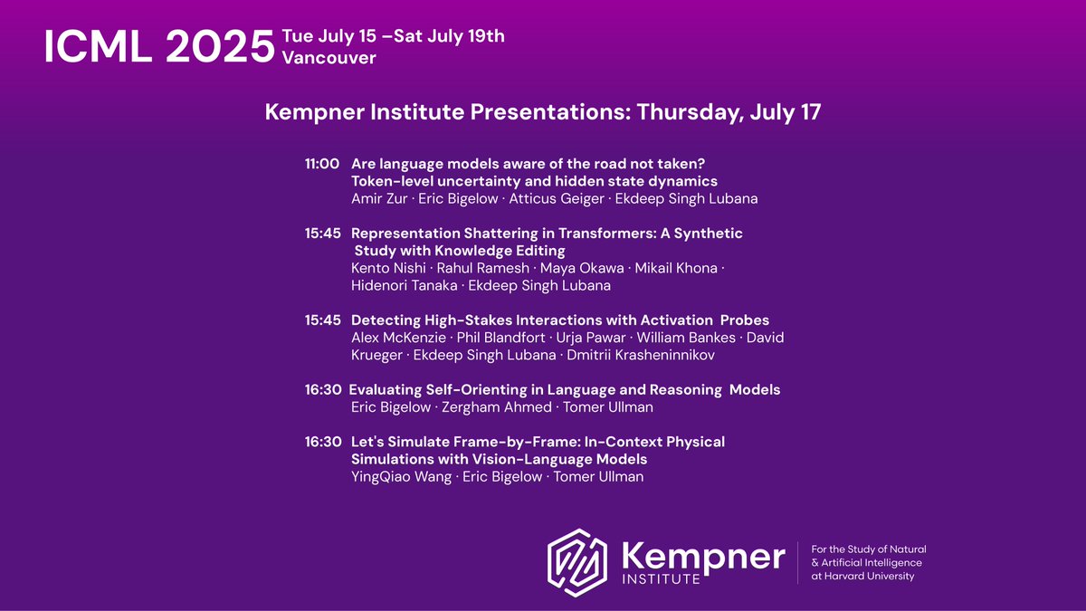 KempnerInst's tweet image. Check out the #KempnerInstitute presentations at #ICML2025 today!
#AI #LLMs