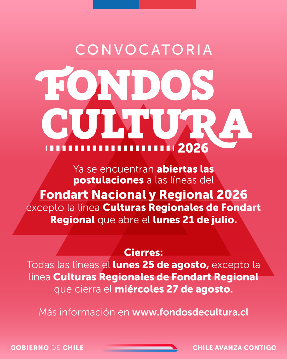🎭¡Ya está abierta la convocatoria Fondart 2026!
Desde hoy puedes postular a las líneas del Fondart Nacional y Fondart Regional.

📌La Línea de Culturas Regionales del Fondart Regional abre el próximo 21 de julio y cierra el 27 de agosto.

📅Postula en fondosdecultura.cl