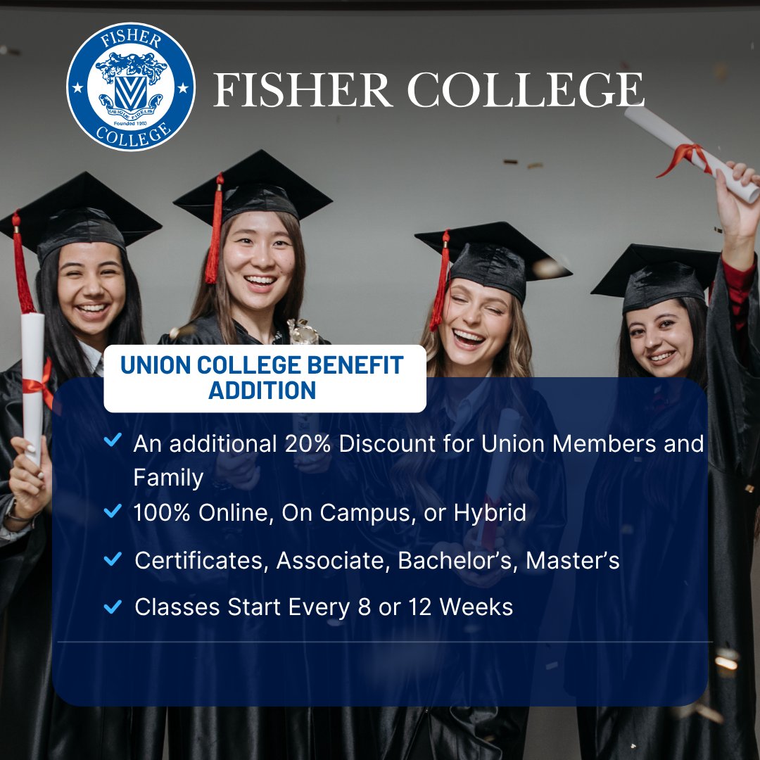UAPipeTrades's tweet image. Just added to the UA College Benefit: Fisher College! UA members and their families get an extra 20% tuition discount—online, on-campus, or hybrid. Learn more at: ebsunioncollegebenefit.org/ua