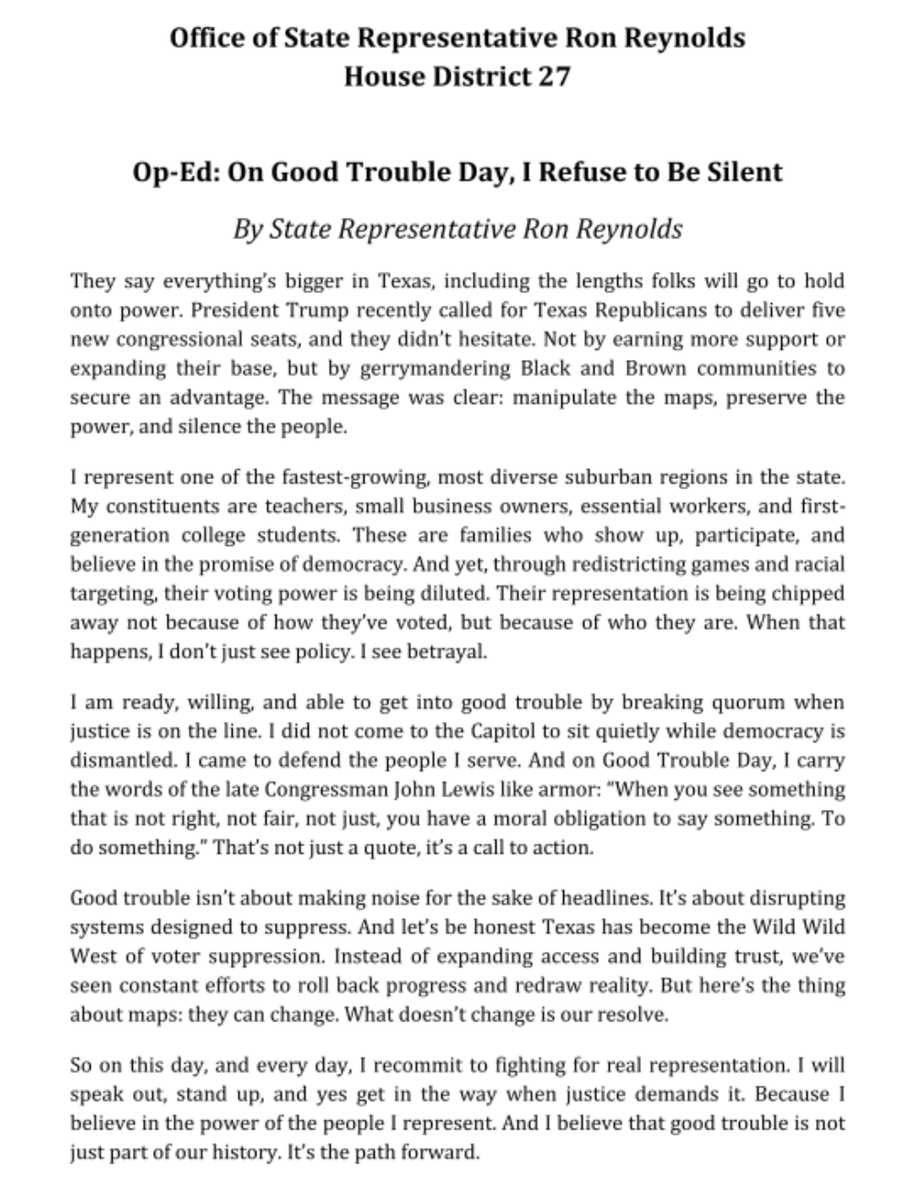 PhilJankowski's tweet image. Inbox: Texas House Rep. Ron Reynolds, D-Missouri City, says he is willing to break quorum over congressional redistricting. "I am ready, willing, and able to get into good trouble by breaking quorum when justice is on the line," the chair of the House Black Caucus says. #txlege