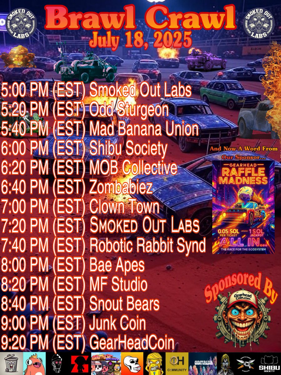 SMOKED_OUT_NFT's tweet image. This weeks Brawl Crawl is not to be missed. 
Plenty of Prizes and Fun are in store thanks to our sponsor @GearheadCoin 

Get the links and line-up in the discord and remember to support our sponsors and all our hosts because they make this Friday Fun Fest possible.