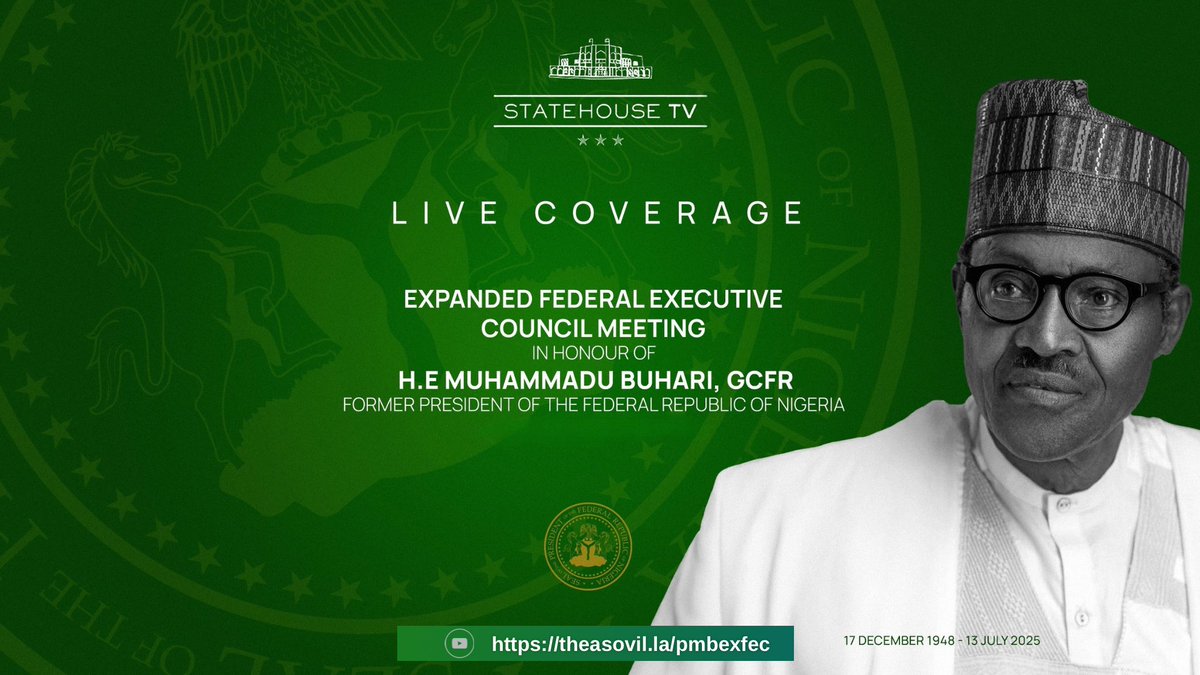 officialABAT's tweet image. In honour of our late former President, H.E. Muhammadu Buhari, GCFR, I have convened an expanded Federal Executive Council Meeting this evening at The Aso Villa.
This special session is part of our collective tribute to a leader who served Nigeria with discipline, courage, and…