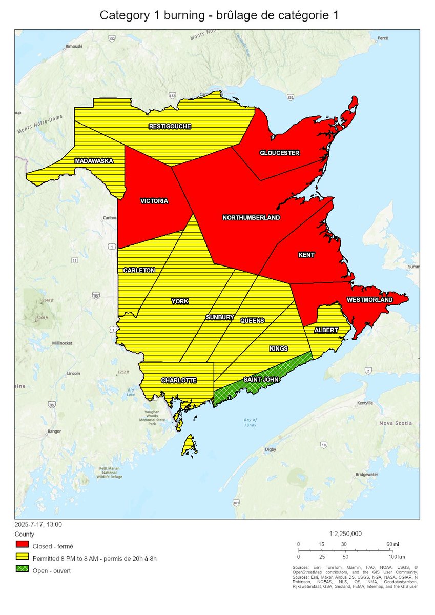 NBForestFires's tweet image. Burning conditions are valid from 2 PM July 17 to 2 PM July 18. The following counties are open for burning: Saint John. The following counties are closed for burning: Gloucester, Kent, Northumberland, Victoria, Westmorland. In all other counties burning is permitted between 8 PM…