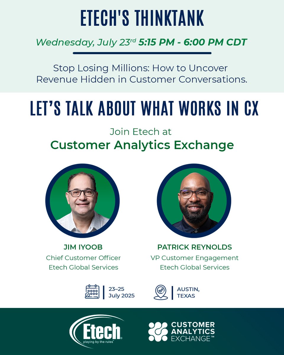 Join us at the Customer Analytics Exchange as Etech’s experts share how we use analytics to strengthen customer relationships.

Etech’s Thinktank
Schedule a meeting with Etech’s team now:

etechgs.com/company/events….

#CustomerAnalyticsExchange