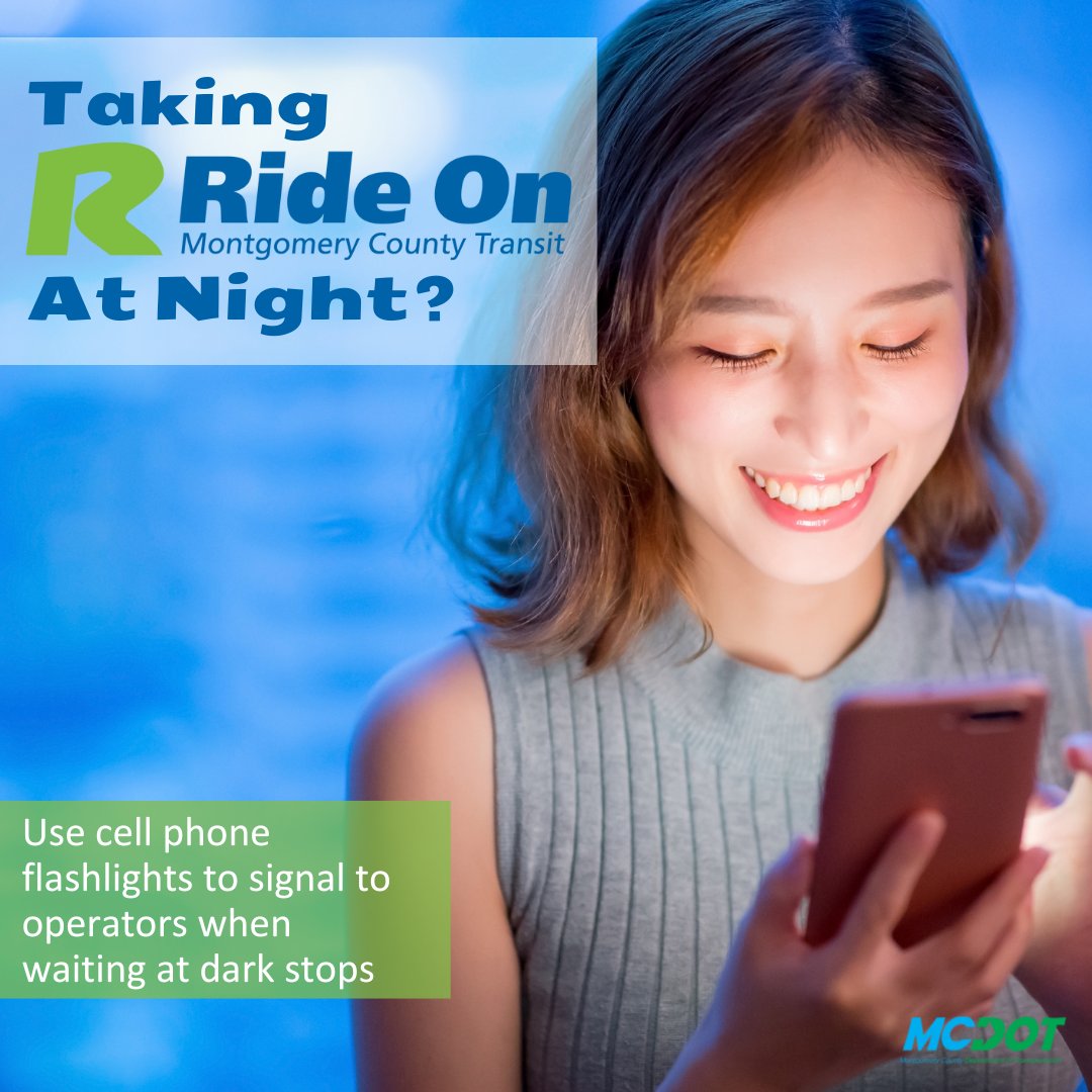 RideOnMCT's tweet image. Taking Ride On at night? Use cell phone flashlights to signal to operators when waiting at dark stops.