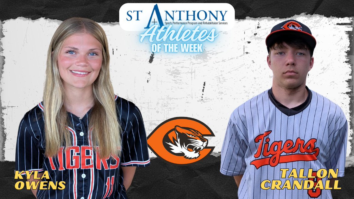 Congratulations to Kyla Owens and Tallon Crandall on being named the St. Anthony Athletes of the Week. Owens had a double against Le Mars and helped the Tigers play 3 of their best games of the season down the stretch. Crandall pitched 6 2/3 innings with 6 K’s and 2 earned runs.