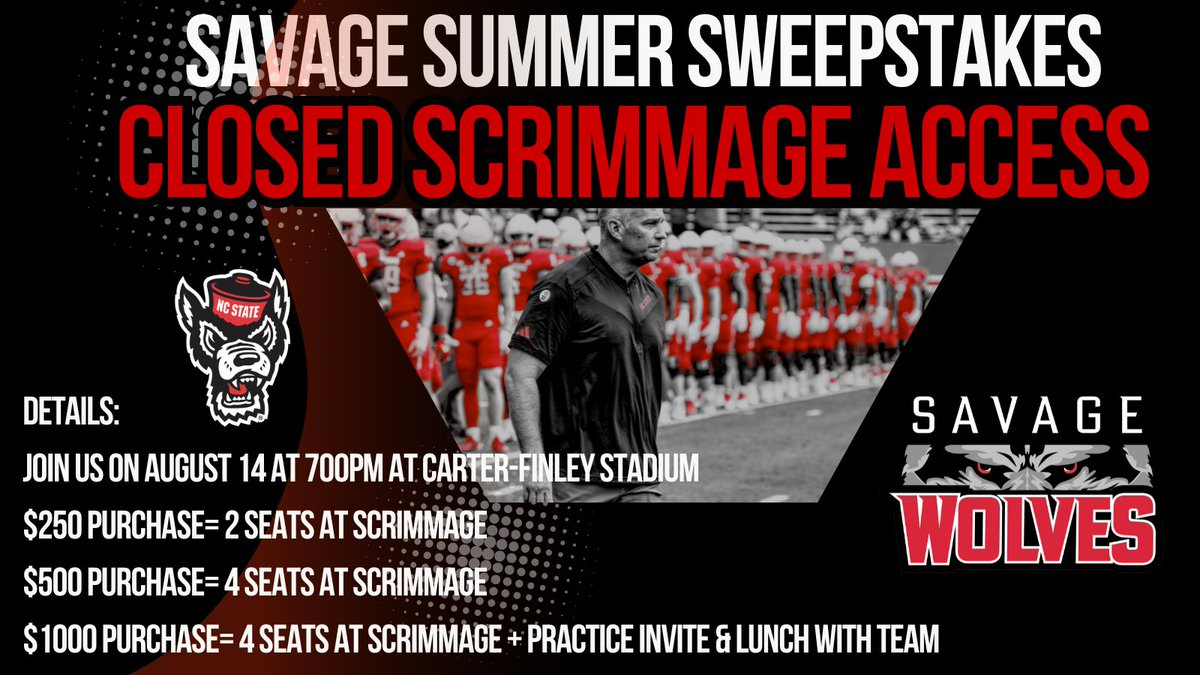 Now is the time to support the PACK! Participating in our Savage Summer Sweeps gets you exclusive access for a first look at your 2025 Wolfpack squad at Carter-Finley Stadium. ENTER today!

spot.fund/NCStateFootbal…