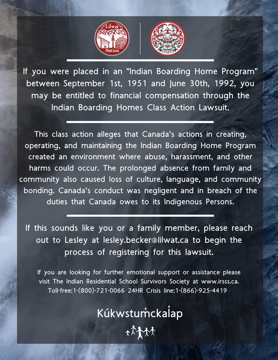 LilwatNation's tweet image. If you are looking for further emotional support or assistance please visit The Indian Residential School Survivors Society at irsss.ca
Toll-free: 1-800-721-0066
24HR Crisis line: 1866-925-4419