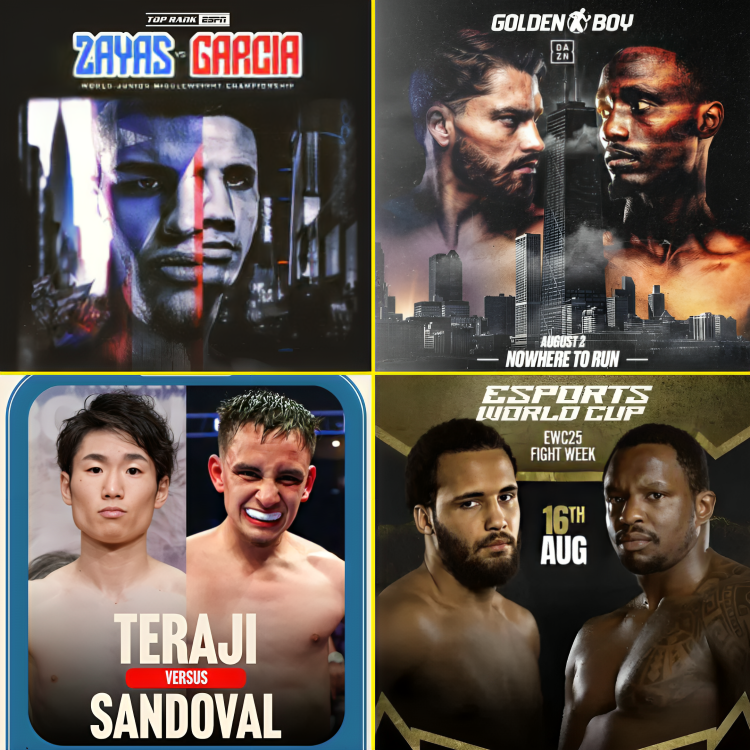 EverythingBoxi2's tweet image. 🥊 NEXT 4 WEEKS OF BOXING:
1️⃣ July 26 - Xander Zayas 🆚 Jorge Garcia Perez
2️⃣ July 30 - Kenshiro Teraji 🆚 Ricardo Sandoval
3️⃣ Aug 2 - Oscar Duarte 🆚 Kenneth Sims Jr.
4️⃣ Aug 16 - Moses Itauma 🆚 Dillian Whyte