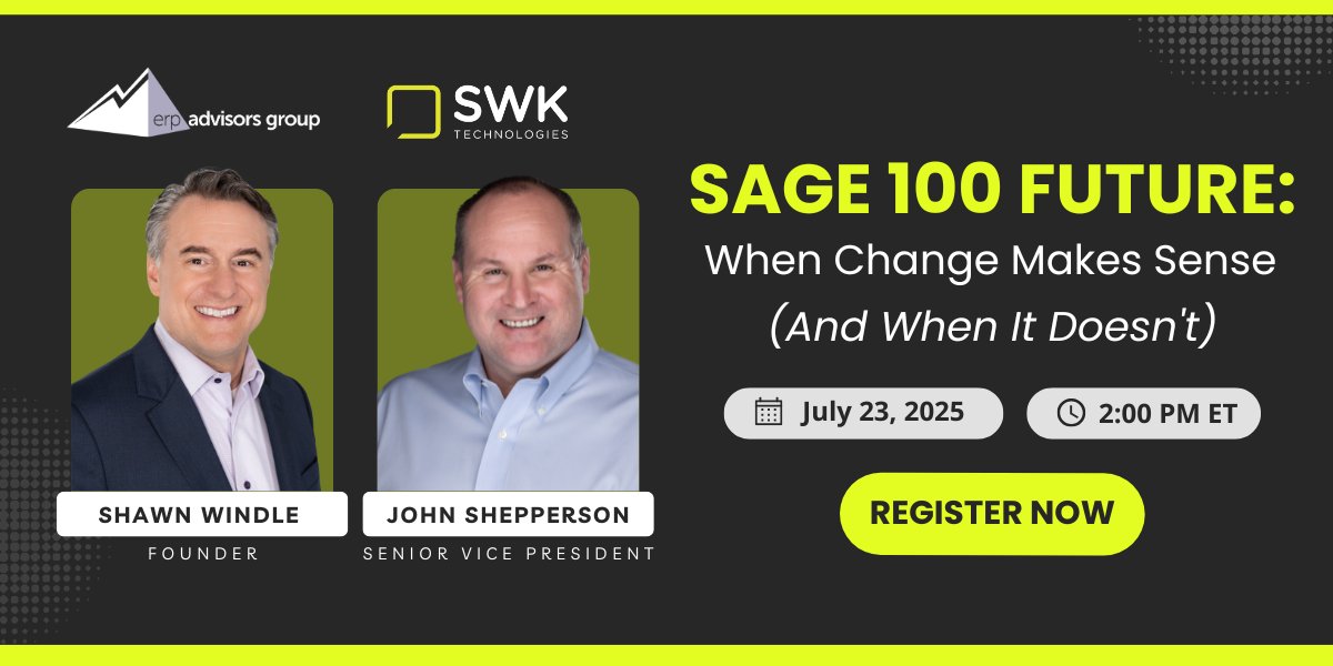erpadvisorsgrp's tweet image. Are you a @SageUSAmerica 100 user who's curious about next steps for your business systems?
This webinar is for you!
Join ERP experts Shawn Windle and John Shepperson for a discussion about your #ERP roadmap.
Register now >> swktechnologies.wistia.com/live/events/kn…
@SWKTECH #legacysoftware