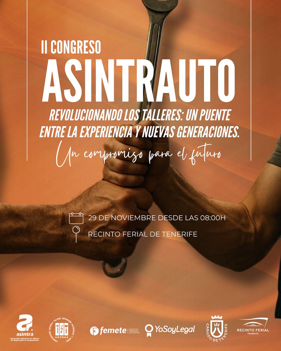 🔧 II Congreso #ASINTRAUTO.

📅 29 NOV | 🕗 08:00 h
📍 Recinto Ferial de #Tenerife

💥 Talleres, innovación y nuevas generaciones, con el apoyo del Cabildo de Tenerife.

#ASINTRAUTO2025 #TalleresDelFuturo