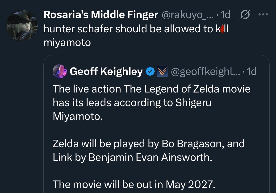 EndymionYT's tweet image. So because Nintendo didn’t wanna put Hunter Schafer as Princess Zelda in live action, your reaction is you want this actor to be able to m*rder Shigeru Miyamoto?
Yeah I’m glad Nintendo doesn’t listen to this side of their fan base, these people are insane dude
