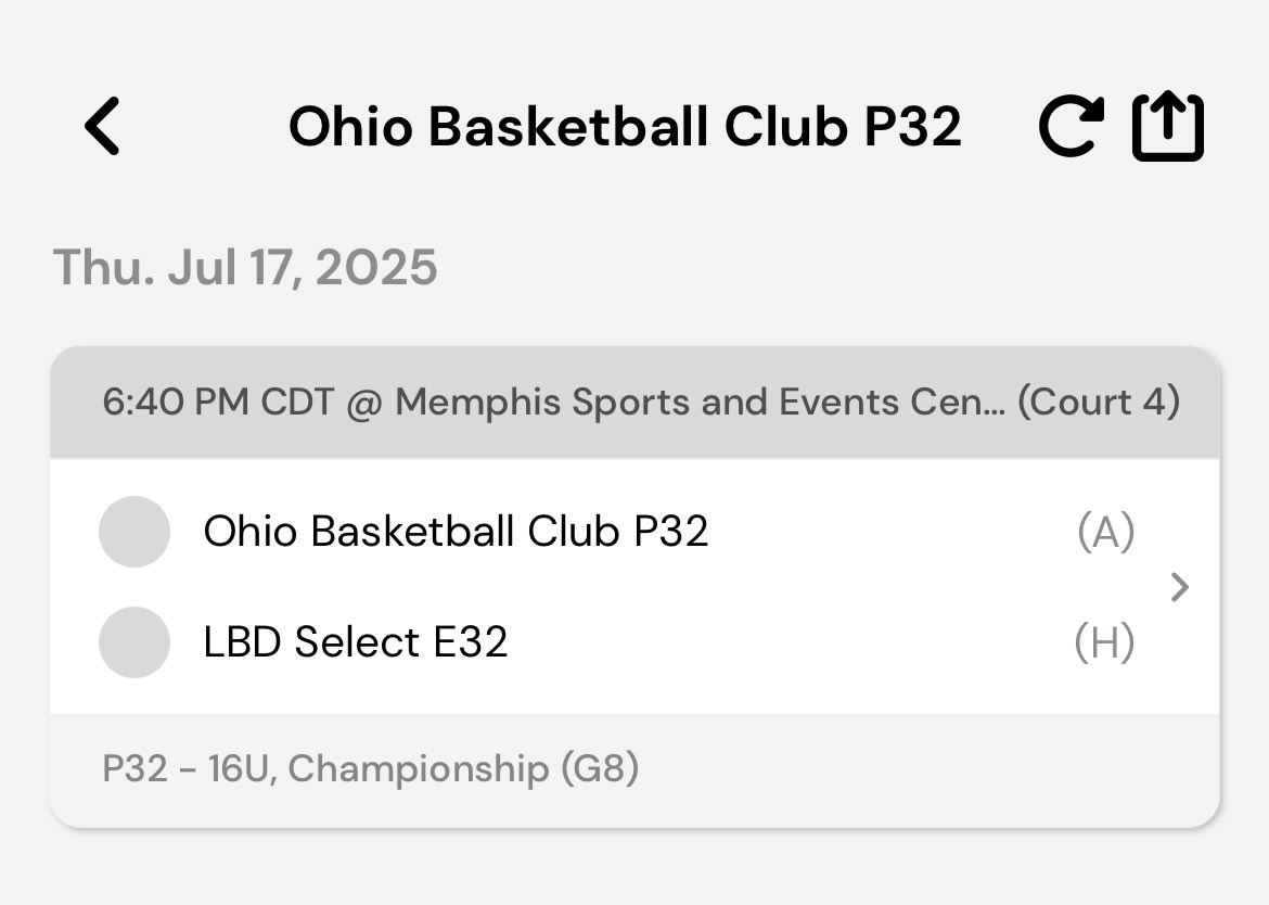 Coaches - 
This is my schedule this weekend during the NCAA Live Period at P32 Finals in Memphis, TN for <a href="/OBCBasketball/">Ohio Basketball Club</a> 16U. 
The rest are TBD all bracket play!!