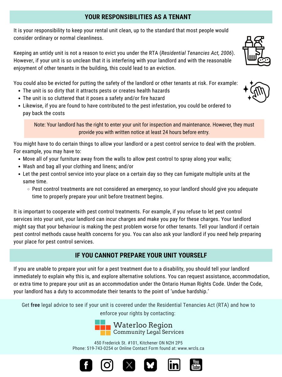 Are you experiencing Pest Issues in your home?
Our newest tenant tip sheet on Pest Issues is out now!

Our Repairs Request Form for Tenants can also be found on our site, and used to request pest control.

PDF printable copies are available on our website: wrcls.ca/tenant-issues