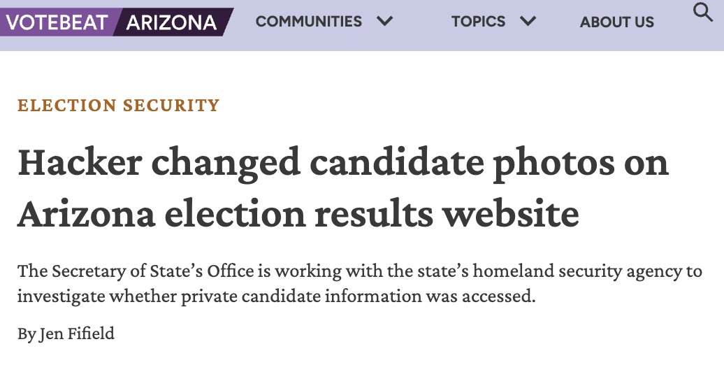 New: A hacker gained access to the web portal Arizona candidates use to upload info about themselves and changed candidate headshots that were live on the election results website, three weeks before the special congressional primary election, <a href="/VotebeatUS/">Votebeat</a> has learned. Story in 🧵