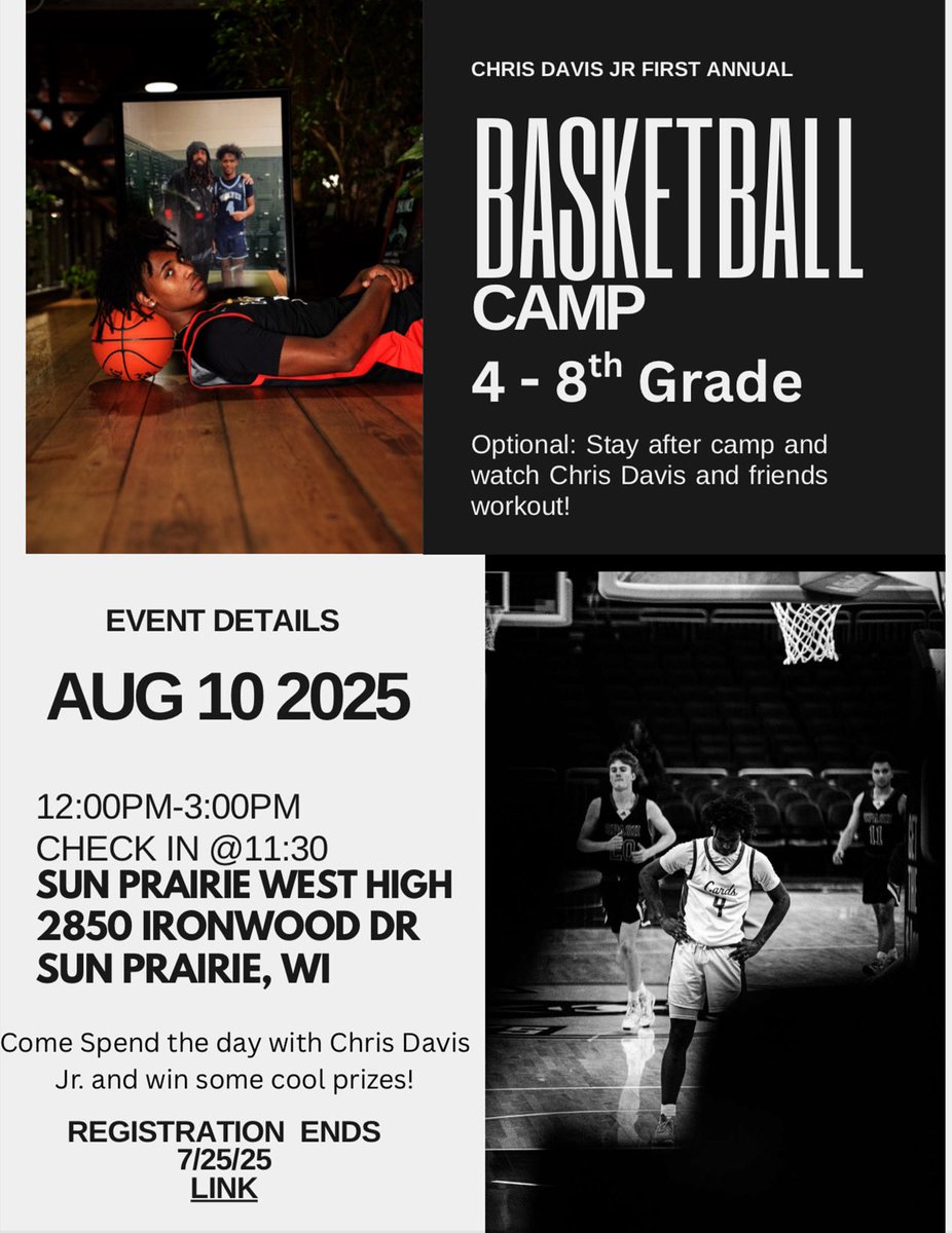 Excited to announce the 1st Annual Chris Davis Jr Youth Basketball Camp! 
FREE for all kids grades 4-8! 
📅 Sunday, August 10th
⏰ 11:30 AM – 3:00 PM
📍 Sun Prairie West High School
Come out, get better, have fun, and take your game to the next level! 
📎 Link in Bio for Sign up