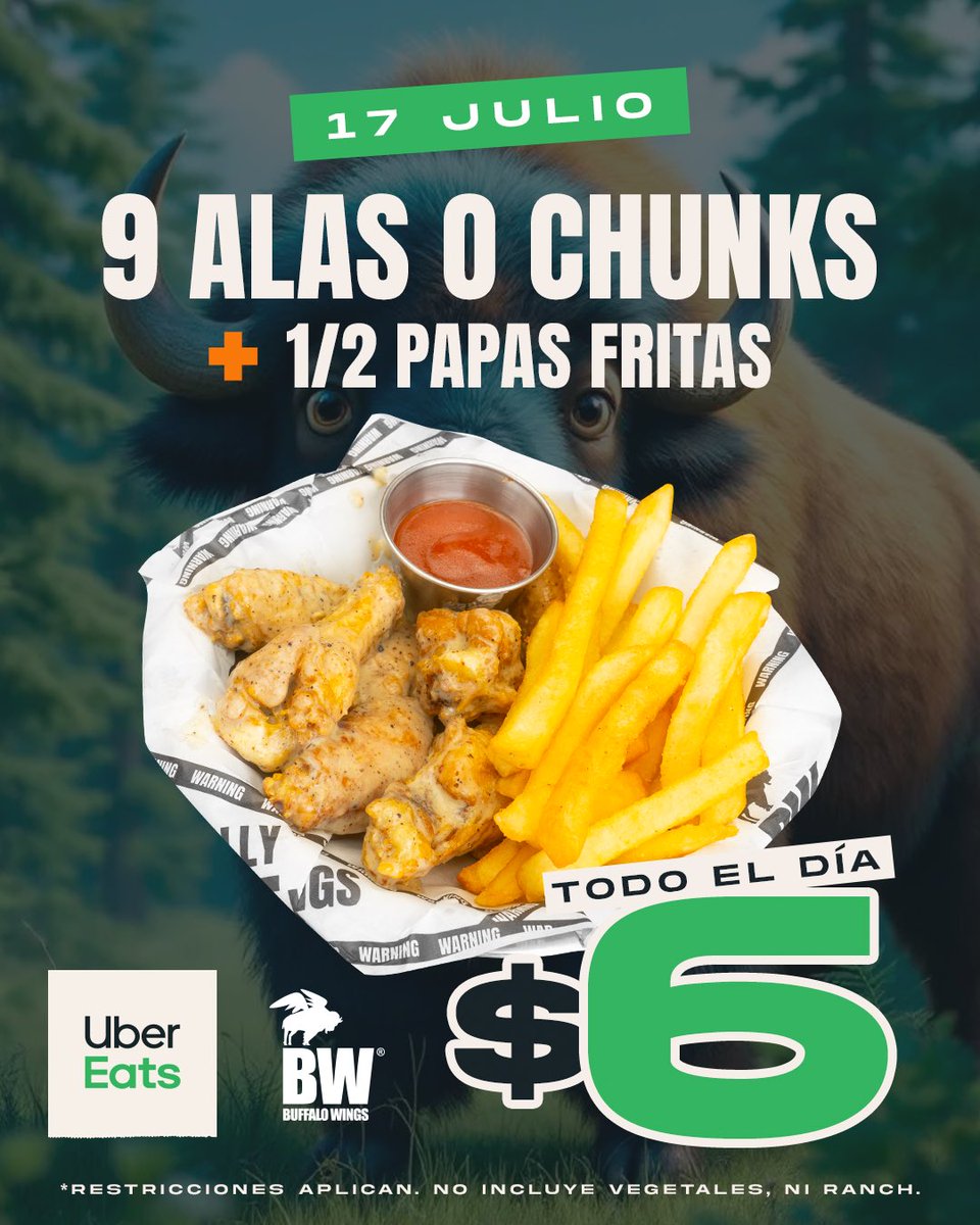 Hoy, 17 de julio, 9 alas ó chunks + 1/2 orden de papas fritas $6 al pedir únicamente a través de Uber Eats desde las 11:30am.