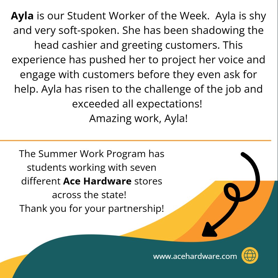 We're highlighting Ayla for our Student Worker Spotlight this week! This summer, Ayla has been helping out at Ace Hardware, where she has gained valuable experience and made great connections! Great work Ava!

Learn about the Summer Student Work Program at bit.ly/SummerWorkProg…