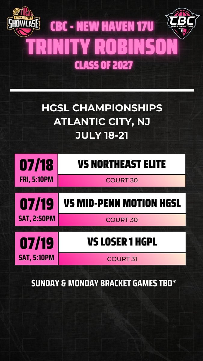 Here is my schedule for the HGSL Championships this weekend in Atlantic City! I can’t wait to compete with <a href="/girlscbc/">CBC Girls</a> !! Take a look:

<a href="/HallHamden/">Hamden Hall Official Girls Basketball Page</a> 
<a href="/NEPSGBCA/">NEPSGBCA</a>