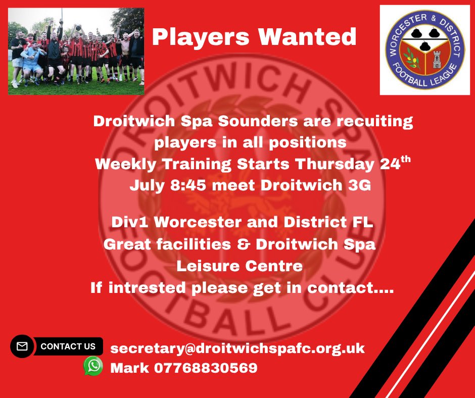 Droitwich Spa Sounders Adult Sunday League Team, looking to rebuild…., 

Get in contact if interested.

#SupportLocalFootball
#UTSS 🔴⚫️