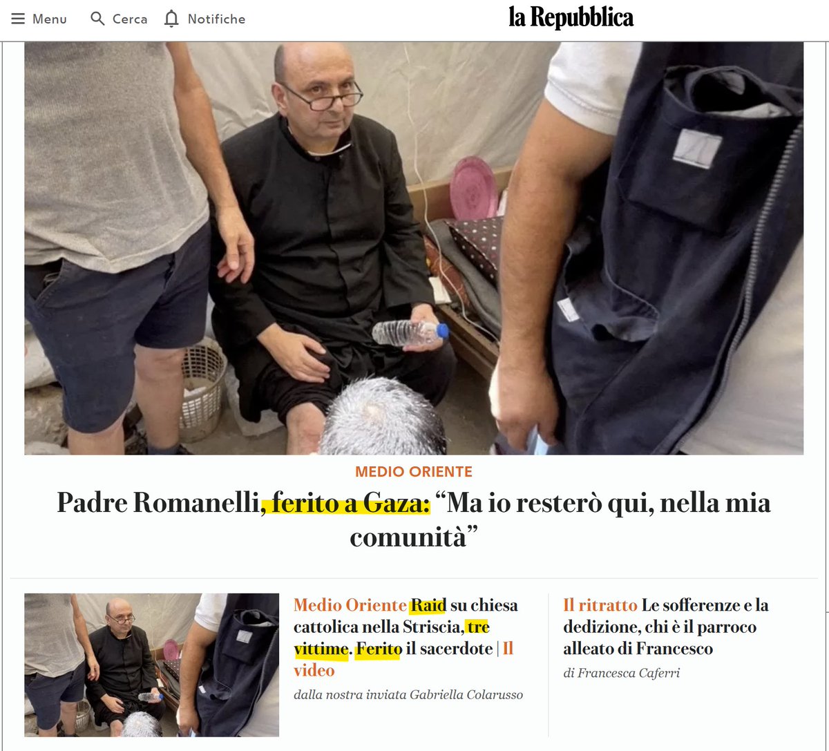 a____capo's tweet image. #Repubblica scrive del "raid" alla chiesa cattolica a #Gaza che ha ucciso 3 persone e ferito Padre Romanelli, senza mai menzionare #Israele o #IDF.