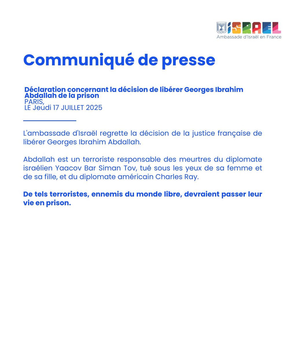 IsraelenFrance's tweet image. 📣 Communiqué de presse concernant la décision de libérer Georges Ibrahim Abdallah de la prison.