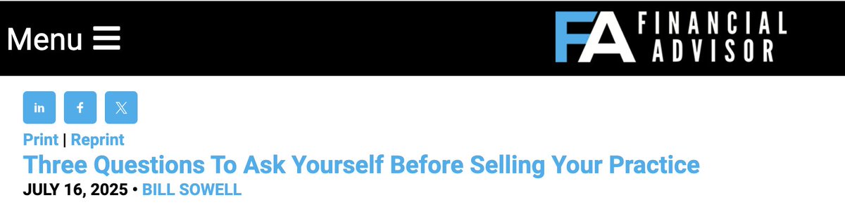 Sowell Management (@sowell_mgmt) on Twitter photo Thinking about selling your advisory business?
In an op-ed featured by <a href="/FAMagazine/">FA Magazine</a>, <a href="/Sowell_Mgmt/">Sowell Management</a> CEO/Founder Bill Sowell shares 3 essential questions to ask before starting the process. 👇
3 Questions To Ask Yourself Before Selling Your Practice fa-mag.com/news/three-que… Thinking about selling your advisory business?
In an op-ed featured by <a href="/FAMagazine/">FA Magazine</a>, <a href="/Sowell_Mgmt/">Sowell Management</a> CEO/Founder Bill Sowell shares 3 essential questions to ask before starting the process. 👇
3 Questions To Ask Yourself Before Selling Your Practice fa-mag.com/news/three-que…