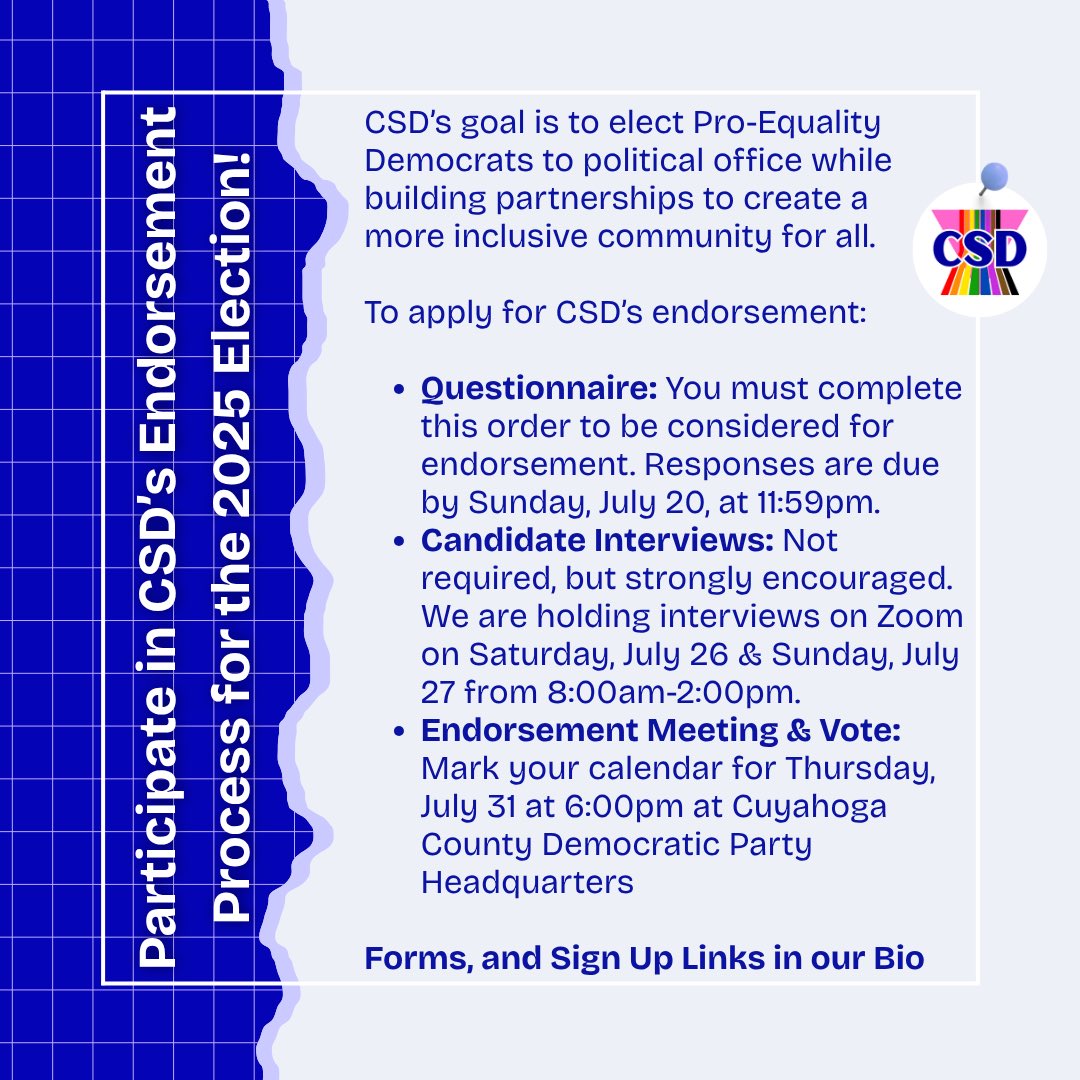 Interested in gaining CSD’s endorsement for the 2025 election?

CSD’s goal is to elect Pro-Equality Democrats to political office while building partnerships to create a more inclusive community for all.