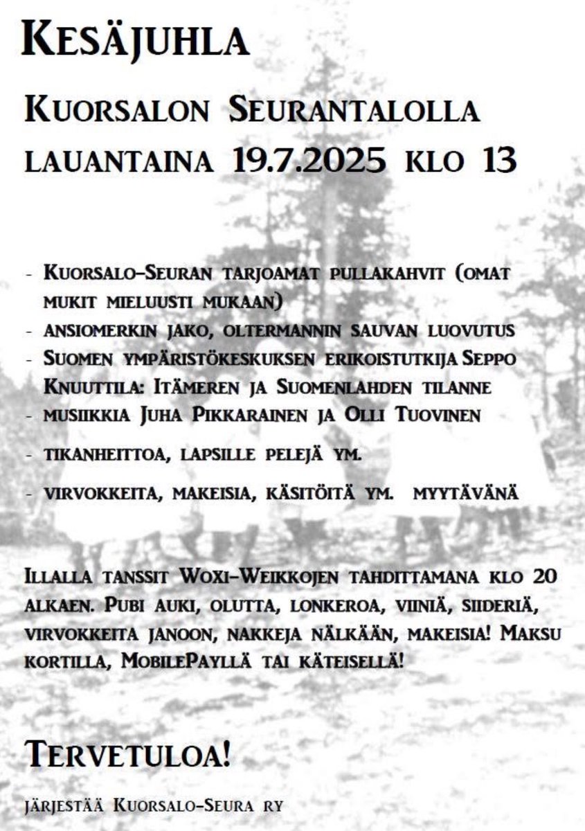 Lempimartta's tweet image. Meillä on Kuorsalossa lauantaina perinteiset kesäjuhlat. Parasta on, että saadaan @KnuuttilaS puhumaan Itämeren ja Suomenlahden tilasta.
Musiikista vastaa päivällä Houtereen Hanakat ja illalla Woxi-Weikot. #itäinensuomenlahti