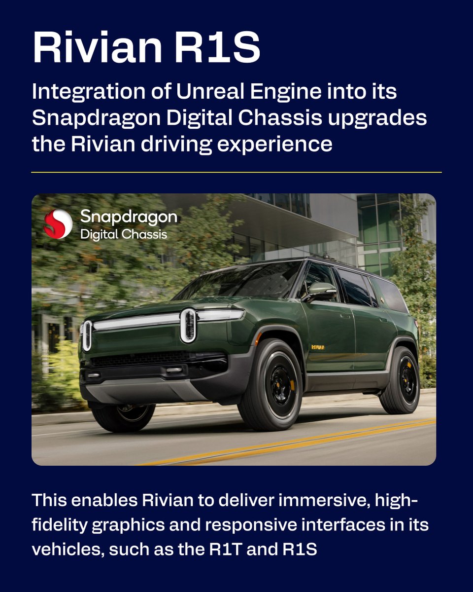 Qualcomm's tweet image. .@Snapdragon Cockpit enables @Rivian to deliver immersive, high-fidelity graphics and responsive interfaces in its vehicles, truly driving future of the in-vehicle experience.