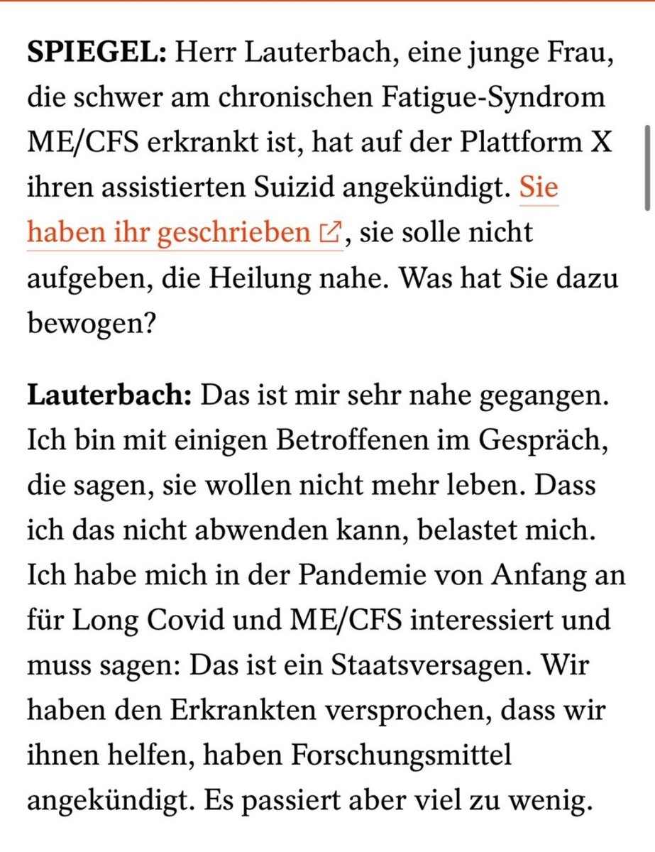 NichtGenesen's tweet image. Wir unterbrechen heute unsere Sommerpause. Warum?
Weil der ehemalige Bundesgesundheitsminister @Karl_Lauterbach im @derspiegel endlich das ausspricht, was viele Betroffene seit Jahren erleben: Das politische Versagen im Umgang mit #MECFS. Seine Forderung nach mindestens einer…