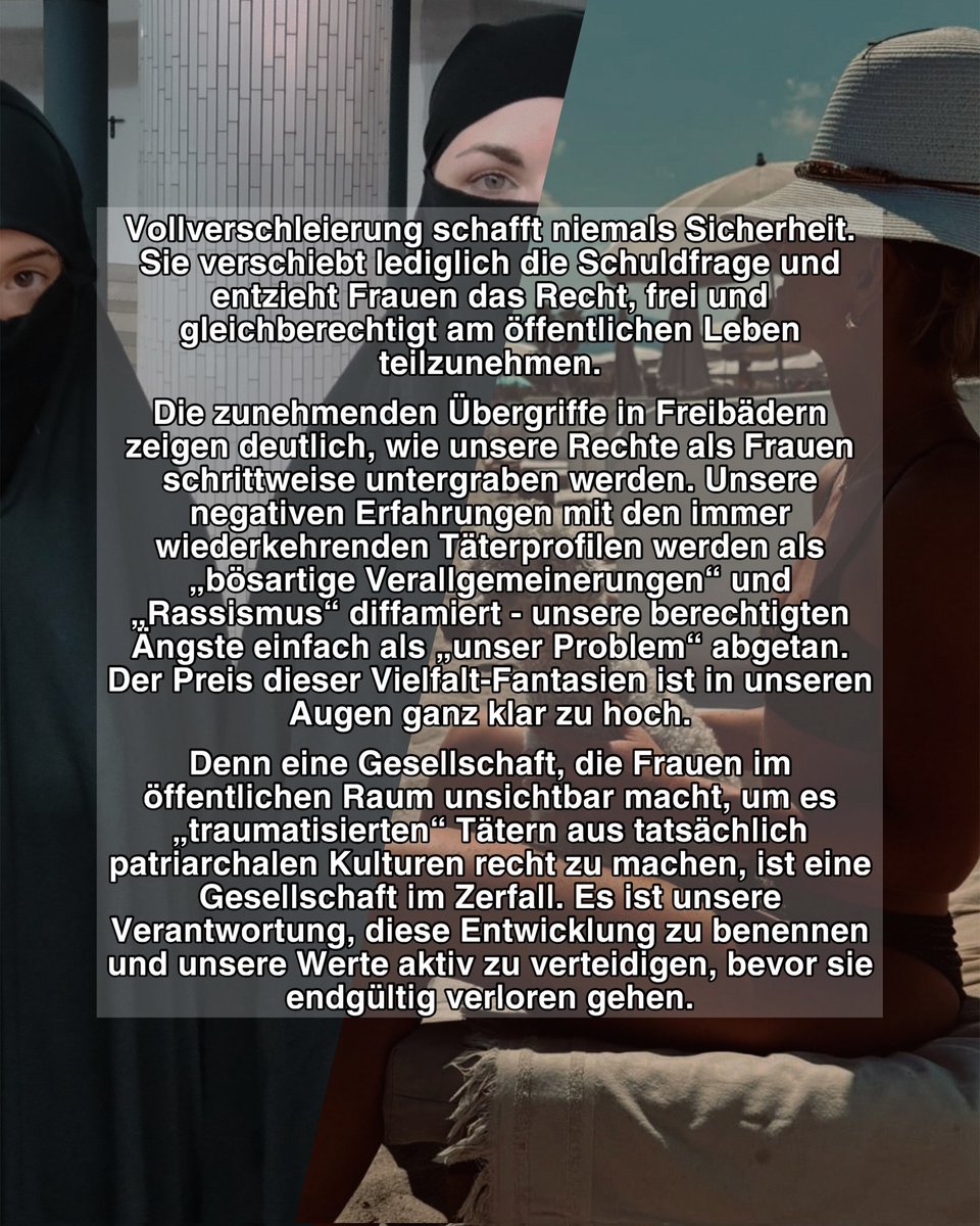 Lukreta_'s tweet image. Wir von Lukreta legen den Finger in die Wunde - und nennen das Problem beim Namen.
Die Verdrängung von Frauen aus dem öffentlichen Raum ist KEINE Option.
Islamisierung macht Frauen unsichtbar.
Verhüllung ist keine Selbstbestimmung.
Verhüllung ist keine Freiheit.