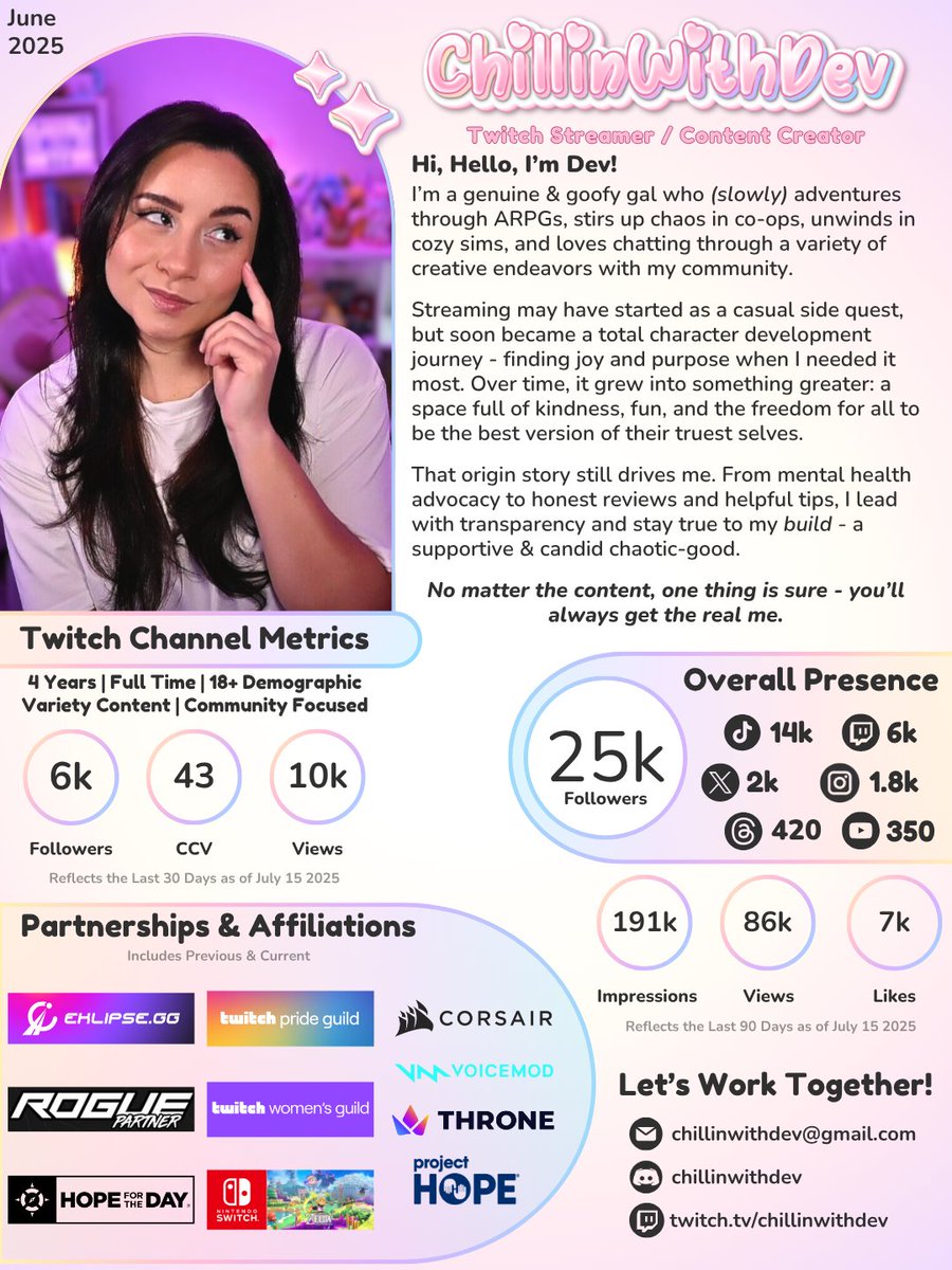 Hi, hello, I'm Dev...
... a growing full-time Comfort Streamer with chaotic-good energy and a trusted voice. With a supportive community that counts on me for honest takes and solid recs, I’m looking to expand my content - testing and spotlighting standout products with the best