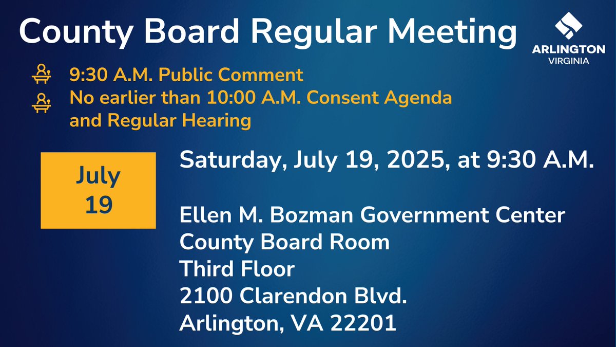 ArlCountyBoard's tweet image. This weekend'sThis Saturday’s County Board meeting will be held at the Bozman Center starting at 9:30 AM. See what’s on the agenda, sign up to speak, or learn how to attend: arlingtonva.us/Government/Cou…….
Stream it live: youtube.com/arlingtoncounty
