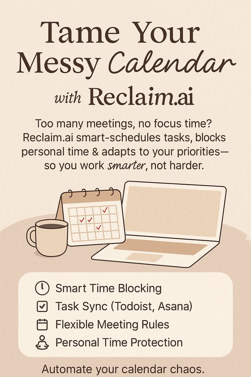 genixovate's tweet image. Too many meetings, no focus time?
📉 Reclaim your schedule with Reclaim.ai:
Smart time blocking
Task sync (Todoist, Asana)
Personal time protection
Flexible meeting rules
Automate your calendar chaos. Work smarter, not harder.
#ReclaimAI #Productivity