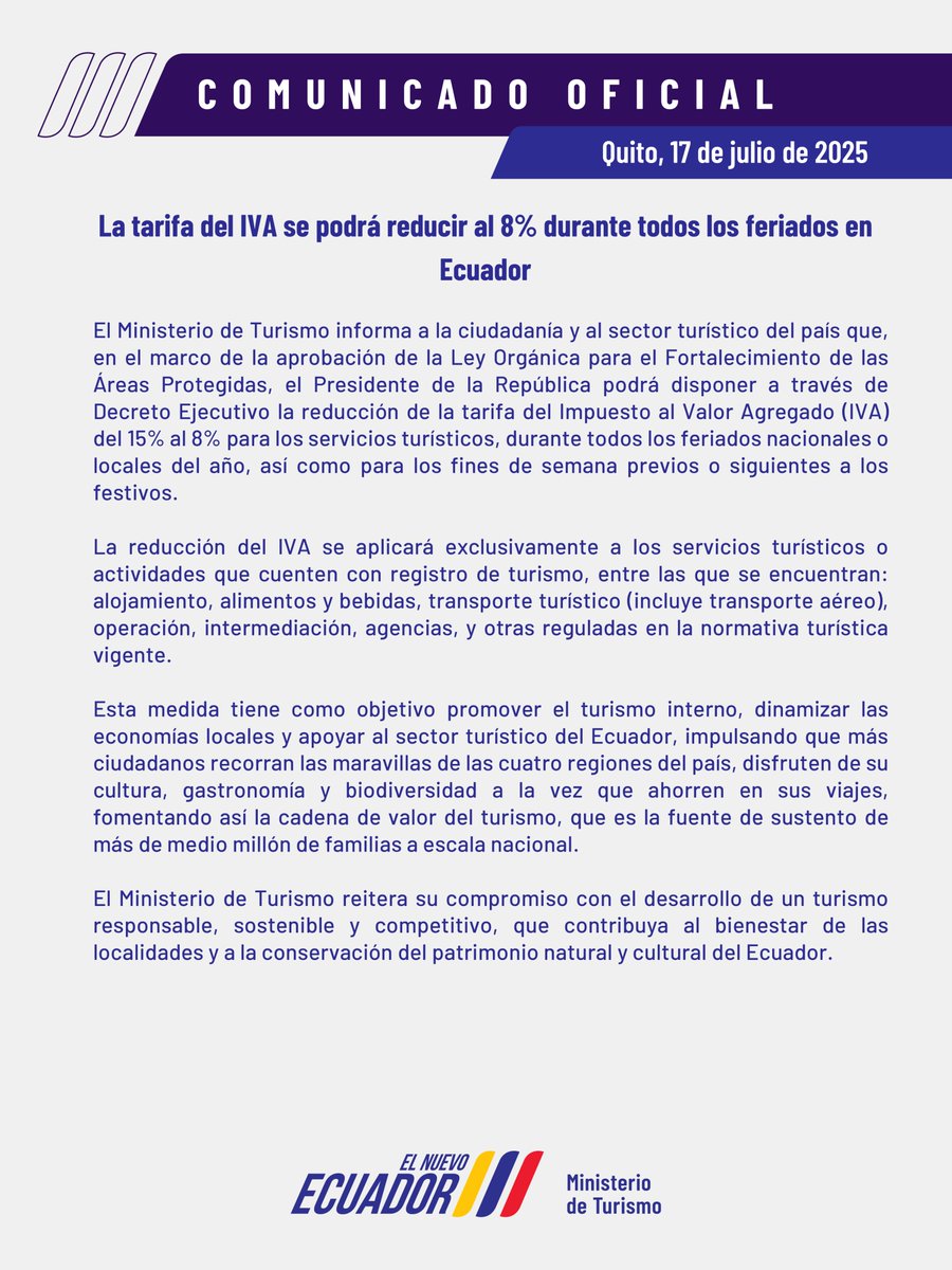 TurismoEc's tweet image. Atención📌El #IVA se podrá reducir al 8% en todos los feriados en #Ecuador.
#ElNuevoEcuadorNoSeDetiene🇪🇨