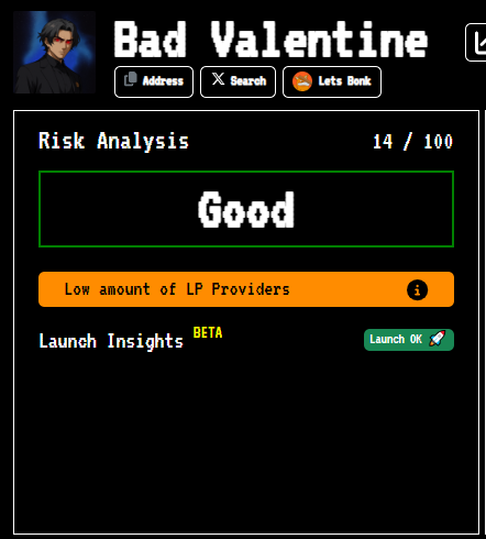 RoyalCoinZ's tweet photo. Risk Analysis
14 / 100
Good
Low amount of LP ProvidersOnly a few users are providing liquidity
Launch Insights BETA
Launch OK 🚀
DONE : 24X #BADVAL
➡️CA:7nnyynvCiDNX1hnhpEm5di78Zso8R61x944G2Eonbonk
🔥ALPHA PRV: https://t.co/BCupg9Ormf https://t.co/fRdNTrWciW