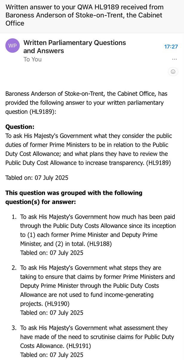 LordRennard's tweet image. What is it about the costs of ex-prime ministers that justifies a lifetime allowance of £115k pa, even when they are sacked by their party in disgrace (Boris Johnson) and served for 49 days before being sacked (Liz Truss)? My parliamentary questions: