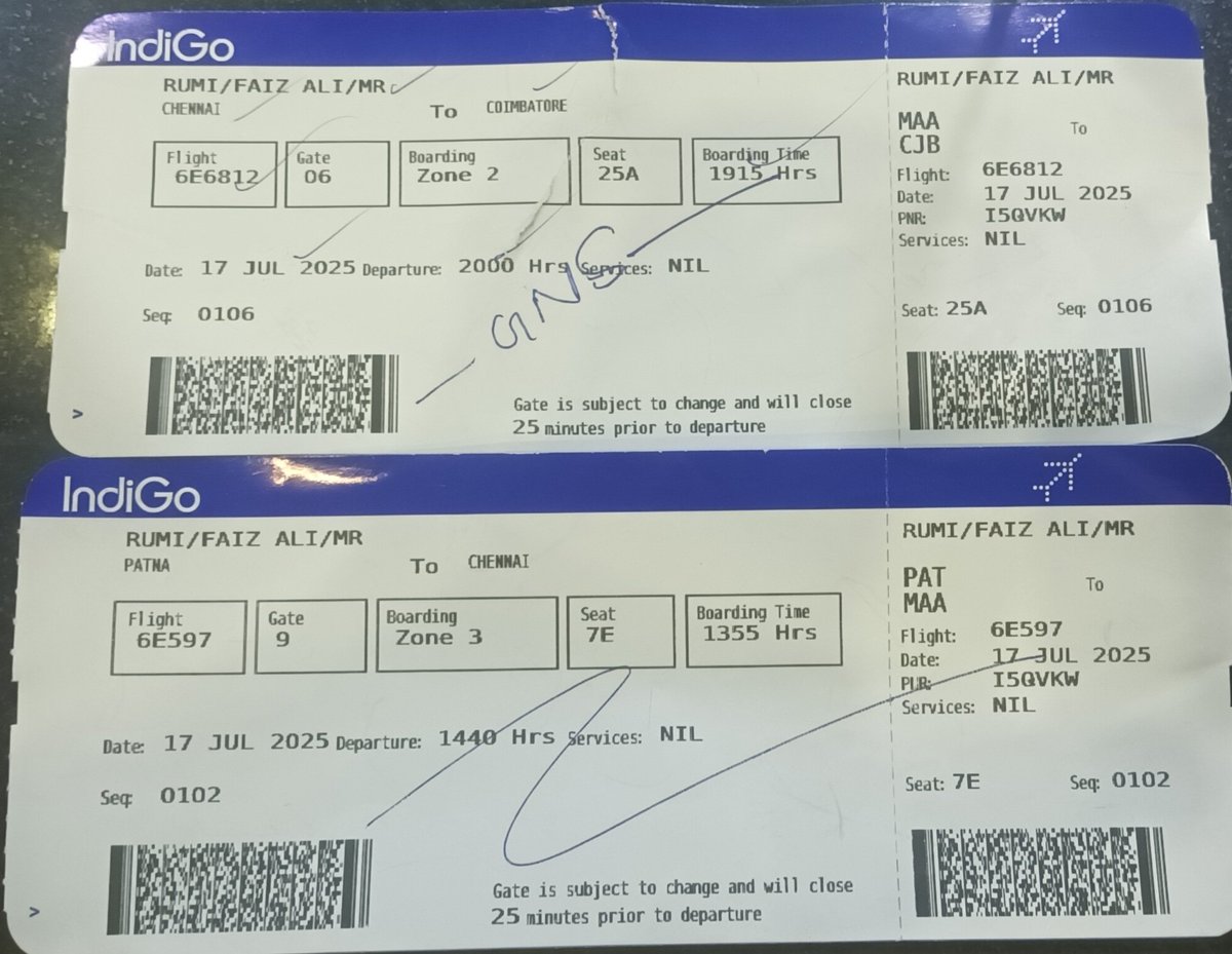 Rumioffical's tweet photo. Dear @IndiGo6E Customer Service,
I am writing to formally complain about a significant issue I experienced with flight 6E597 from Patna to Chennai via 6E-6812 coimbatore on \17/07/2025. My booking details are I5QVKW/PNR,I5QVKW
My boarding pass indicated Gate 6 for boarding. https://t.co/bRn9mNliTF