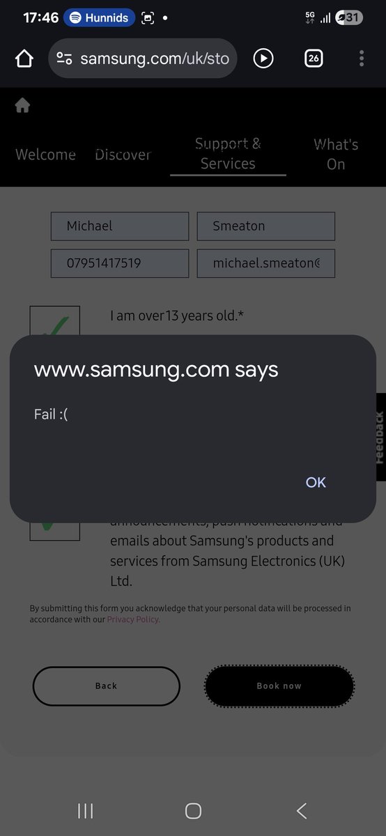 Mikeyhcm's tweet image. Going well trying to book an appointment to sort out my ridiculous battery drain since the #UI7 update. After weeks of not getting anywhere with Samsung after sending them full diagnostics. Really not impressed!