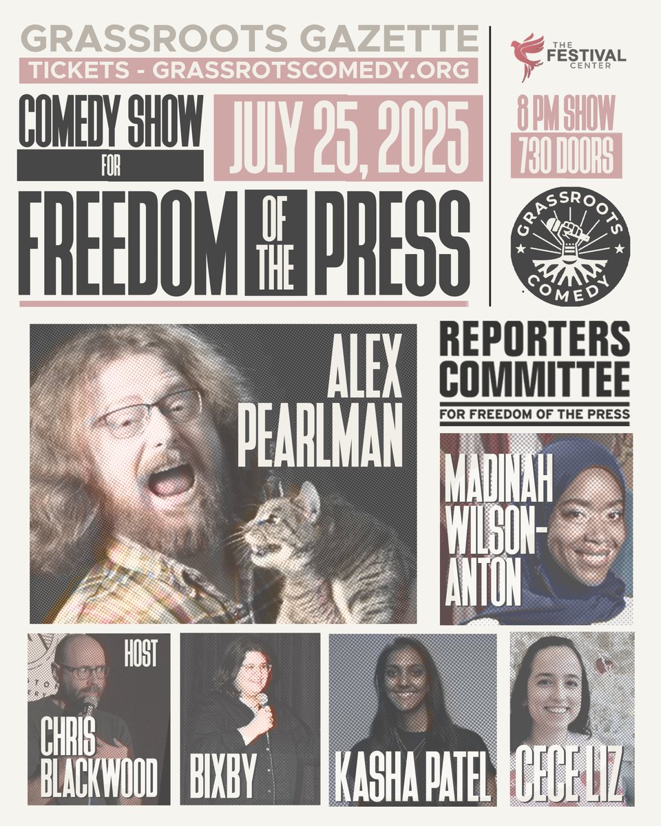 rcfp's tweet image. Support America's free press with some not-so-free laughs at a comedy show benefiting @rcfp! (Scoop: Journalists get a discount.)
Don't miss the Comedy Show for Freedom of the Press — July 25 in D.C. — organized by @grassrootsfunny.
🤣 Grab tix today: eventbrite.com/e/comedy-show-…