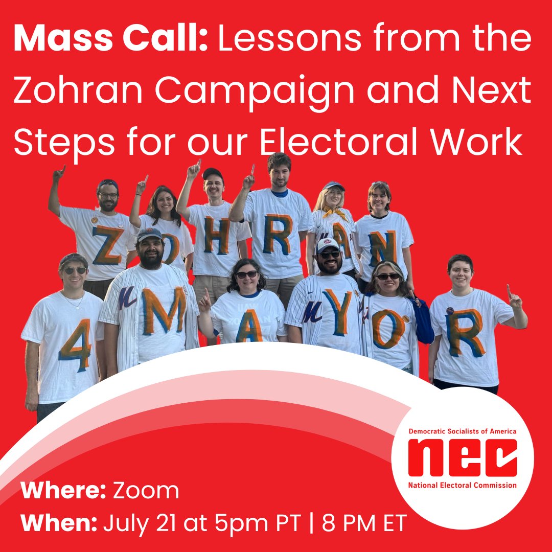 DemSocialists's tweet image. Join @DSAElectoral, co-chairs @meganromer @ahsheek & @nycDSA co-chairs Grace & @uniongustavo to discuss Zohran’s historic campaign behind the scenes!
🥳PLUS hear from DSA candidates on our record-breaking fundraising and how you can get involved. 🫵
RSVP: dsausa.us/neczohran