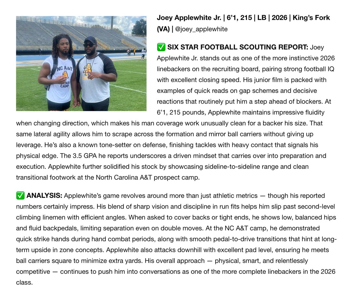 Joey (Jojo) Applewhite Jr. (@joey_applewhite) on Twitter photo Appreciate the write up and evaluation <a href="/sixstarfootball/">Six Star Football | PLUS+</a> <a href="/CoachJOFFRION/">Coach Joffrion</a> <a href="/CoachSteveDBU/">Stephen Evans</a> <a href="/KFHSfootball/">Kings Fork Football</a> Appreciate the write up and evaluation <a href="/sixstarfootball/">Six Star Football | PLUS+</a> <a href="/CoachJOFFRION/">Coach Joffrion</a> <a href="/CoachSteveDBU/">Stephen Evans</a> <a href="/KFHSfootball/">Kings Fork Football</a>